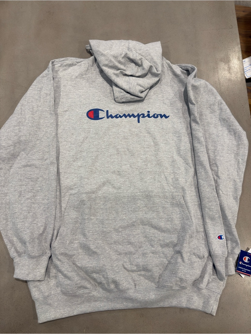 Champion Light Gray Crewneck Hoodie with Blue & Red Logo